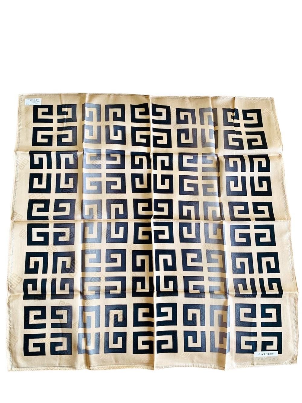 Givenchy 22.5” Cotton Handkerchief Scarf NWT Beige Silver Logo Greek Key Japan